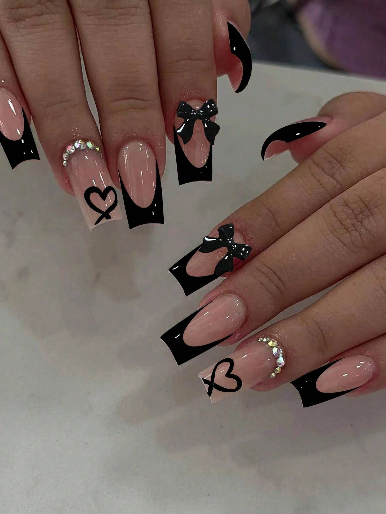 96Pcs Press On Nails Set Black Bow French,Strawberry Print,Red Brown Gradient,Pink Ombre Fake Nails False Nails for Women