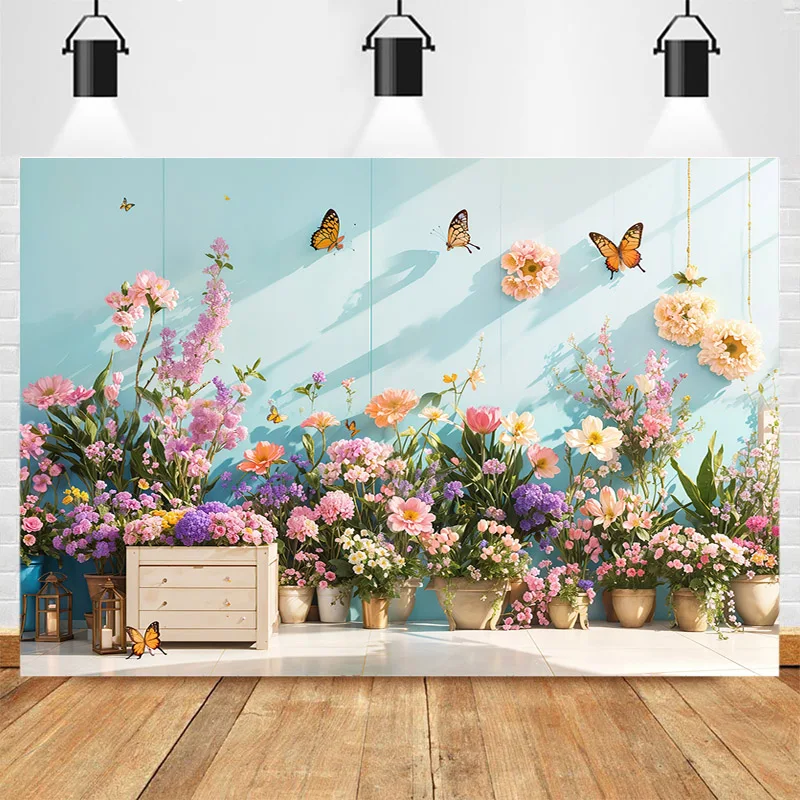 

WPFSGE Blue Wall Front Arranged Flower Pots Drawers Butterflies Light Photography Backgrounds Ambient Photo Rendering Backdrops