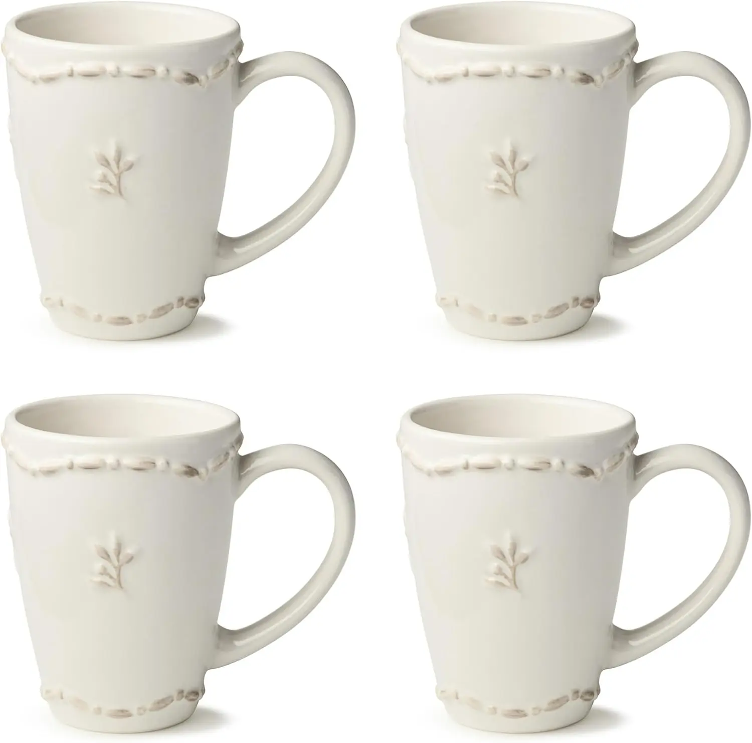 

Heritage Beads Stoneware Mug Set of 4 – Classic Ivory Coffee & Tea Cups with Embossed Bead Rim & Sprig Detail – Elegant Everyday
