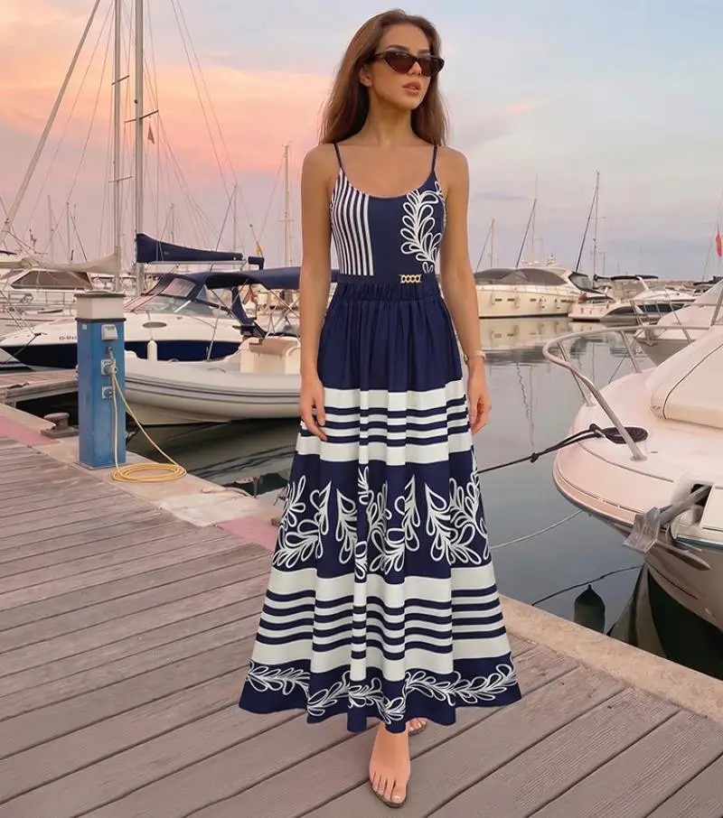 Flaxmaker Women Summer Swimsuit Set Summer Adjustable Shoulder Straps Printed Navy Blue Swimwear Skirt Biquini conjunto de