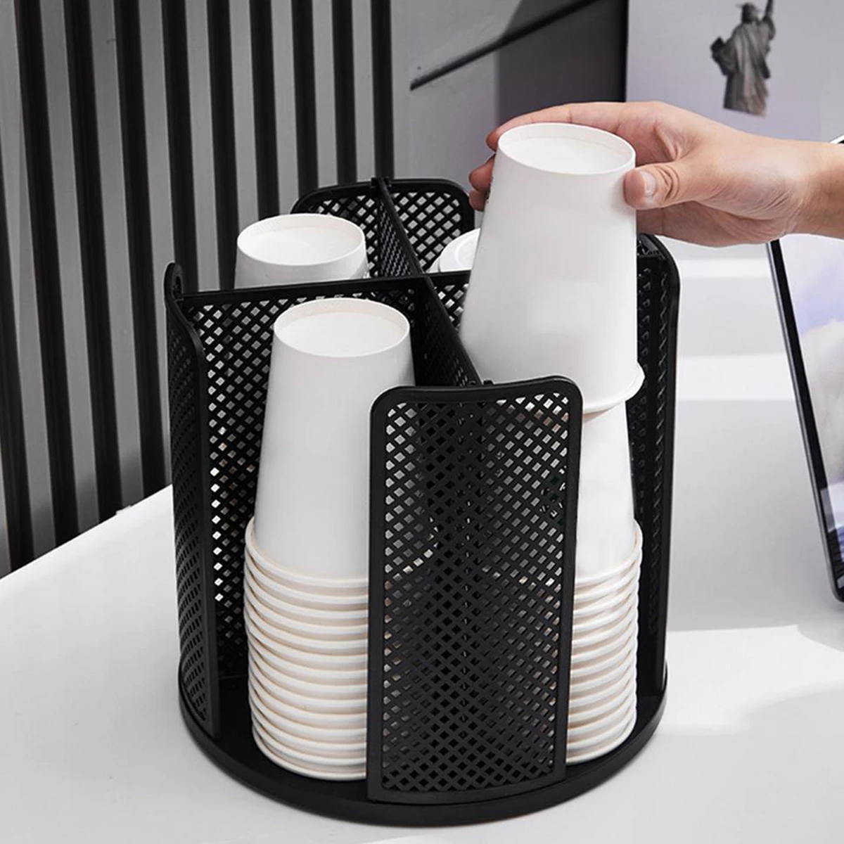 Cup Dispenser 360° Rotatable Holder Detachable Desktop Coffee Cup Dispenser with 4 Compartment Multifunctional Cups Organizer