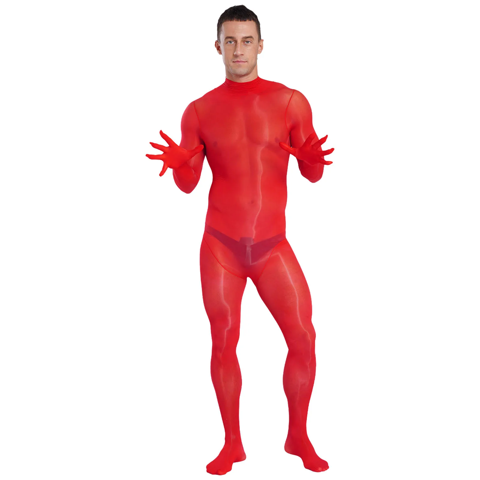 

Sexy See Through Nylon Body-stockings Jumpsuit Men Full Finger Gloves Back Zipper Full-body Bodysuit Unitard Exotic Nightwear