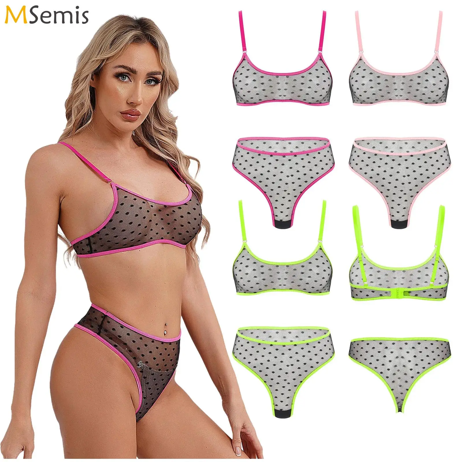 

Womens Sheer Bodydoll Lingerie Set Polka Dot Mesh Bra Top Strappy Bralette and Lace Thong Panty for Halloween Wedding Night