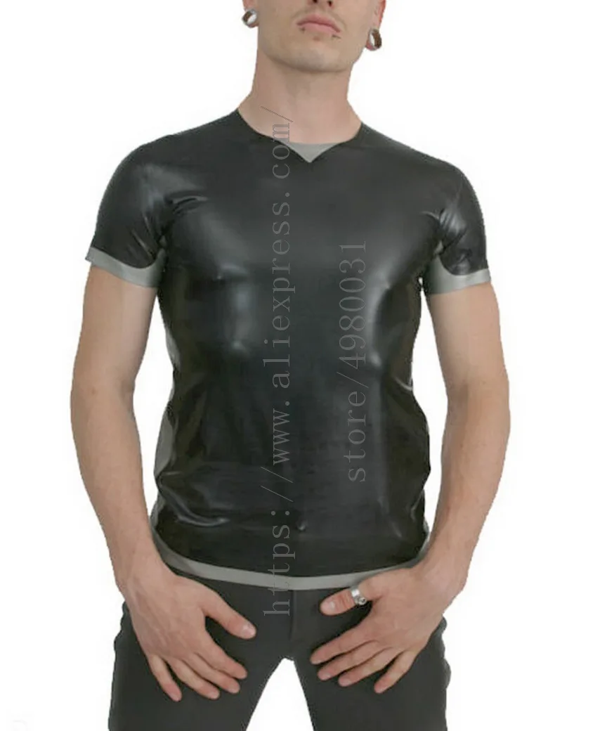 

Made of 0.4mm thickness natural & flexible latex clothing men's tops cool black latex t-shirt with gray trims decoration