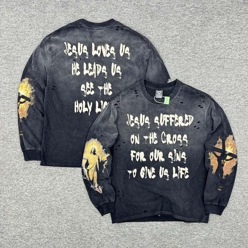 

America Streetwear Sleeve JESUS Print Hole Damaged Long Sleeve T-shirt Men Women Black Washed Loose Heavyweight Casual T Shirt