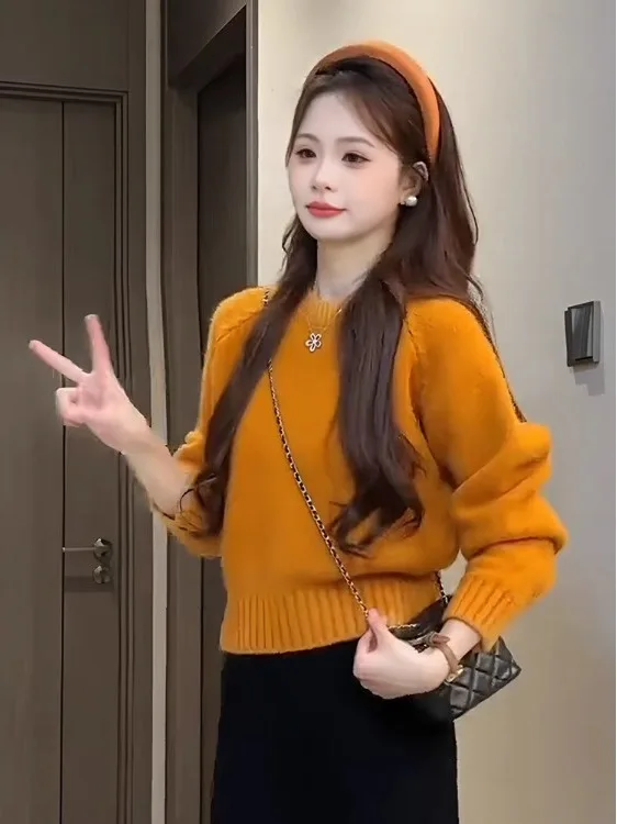 

Супер белый оранжевый круглый пуловер Ne, вязаный свитер, женский осенне-зимний свитер, милый свободный крой, вязаная основа irt