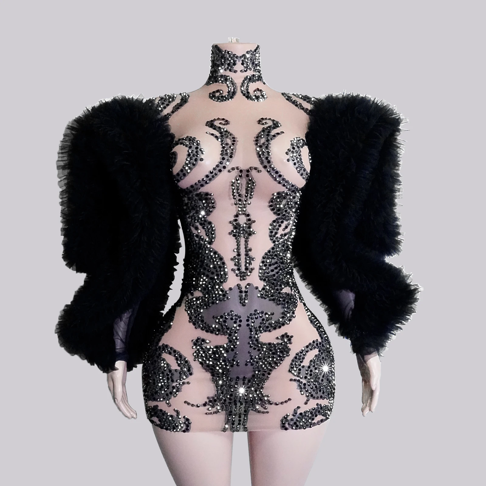 

New Sexy Black Rhinestones Dress Long Sleeve See-through Showgirls Costumes Look Drag Body Stage Outfit Party NightClub Singer