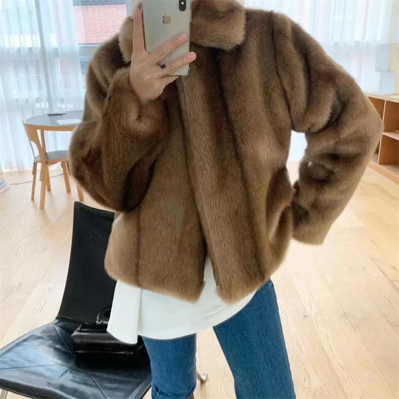 Imitation Fur New Waterproof Mink Brown Short Artificial Fur Top Korean Fashion Young Girls High Quality Fluffy Shaggy Jackets