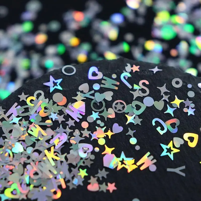 12-Gitter Nagelverbesserung Silber Stern Liebe Muster Laser Nagel Glitzer Flash Nageldekoration Nagel Charm DIY Maniküre Werkzeuge