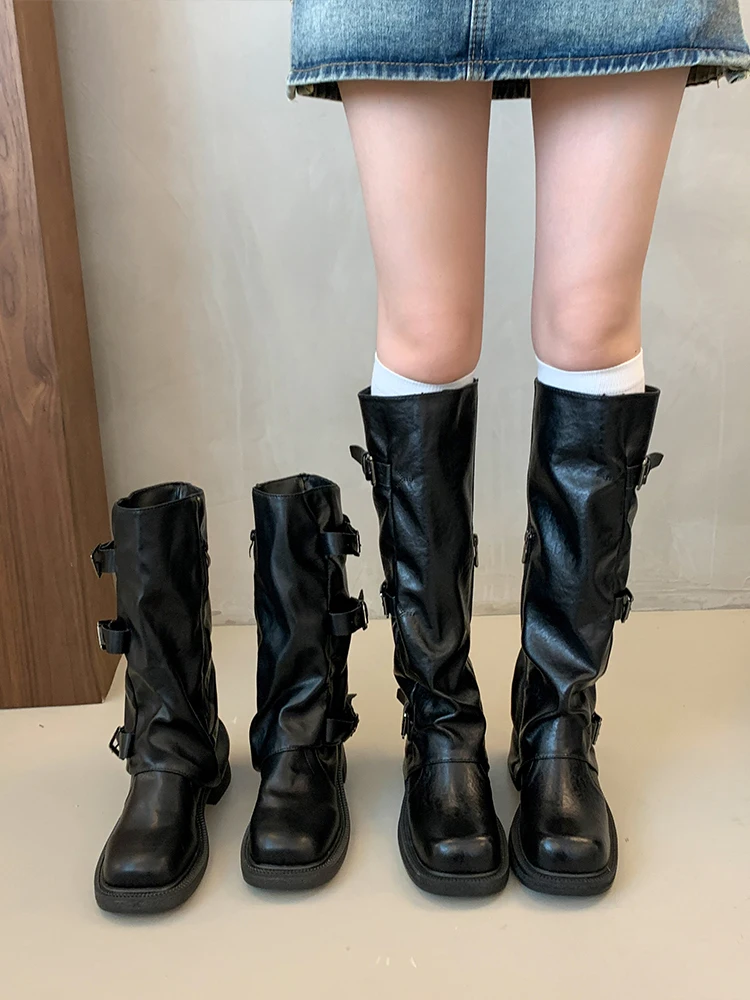 

Женские высокие сапоги-ботфорты на тонком каблуке, летние, новые, до середины икры, в западном стиле, с ремешками, с отворотом, модные, с круглым носком