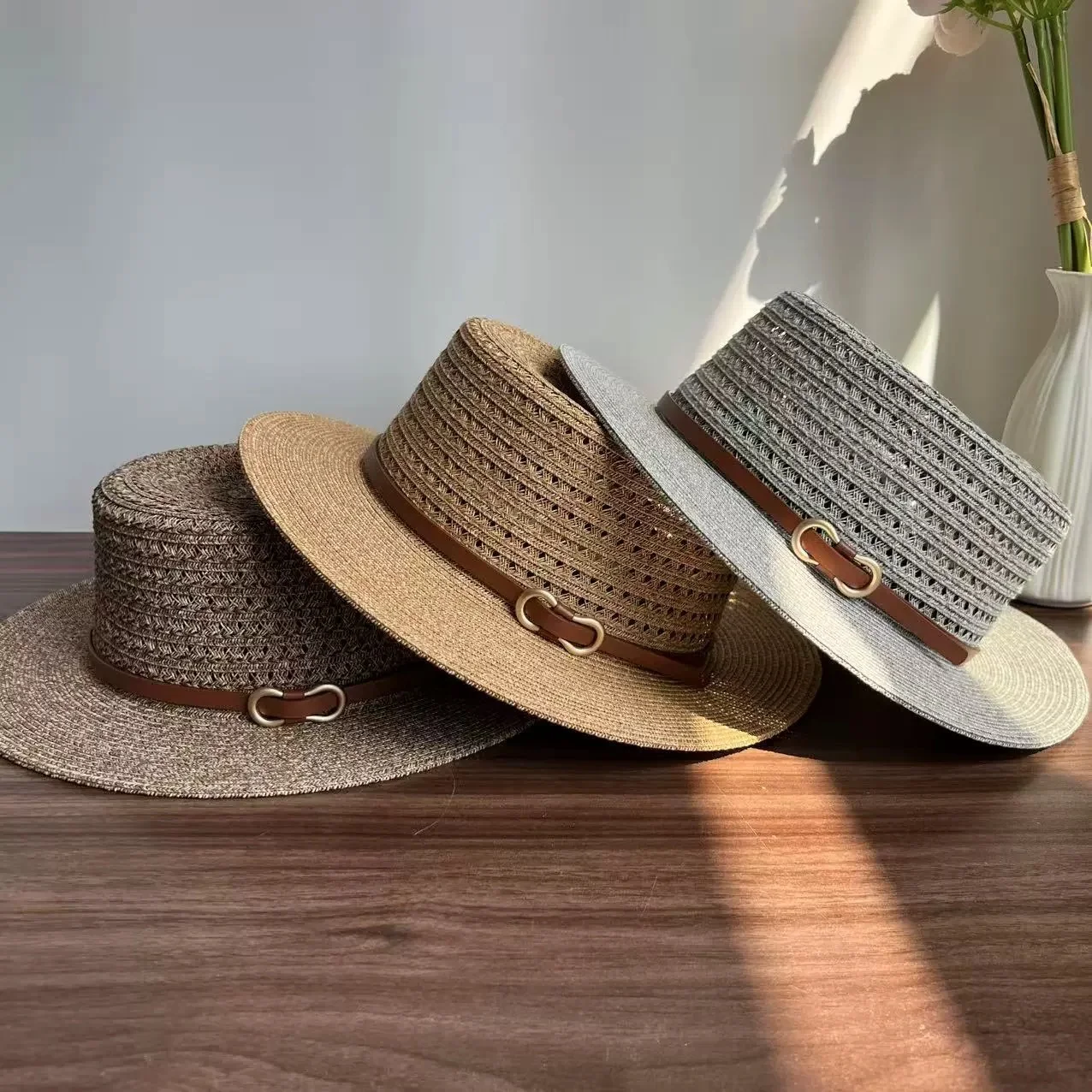 New Summer Arrival: Minimalist Leather-Strap Hat—Stylish, Elegant Flat-Top Straw Hat for Beach Sun Protection