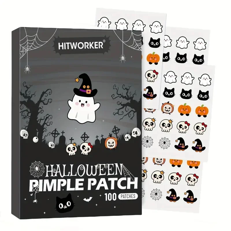 

100 Pcs HITWORKER Halloween Acne Patches Alcohol-Free Fragrance-Free Individually Packaged Cute Ghost Witch Bat Design for Skin