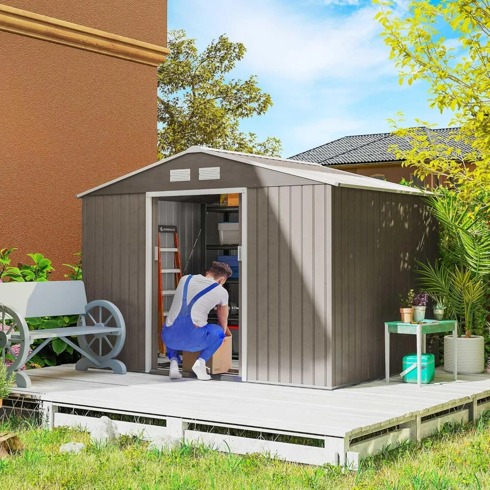

9' x 6' Outdoor Storage Shed, Garden Tool Metal Shed with Foundation Kit, Double Lockable Door, Air Vents and Sloping Roof,Sheds