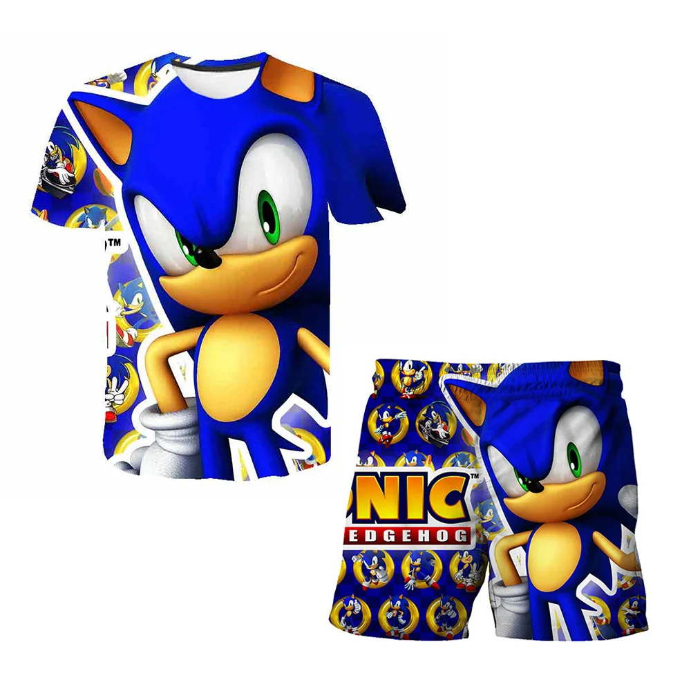 T-shirt et pantalon de plage Sonic pour enfants, ensemble deux pièces, haut, objectifs, dessin animé japonais, mignon, garçon, été, nouveau