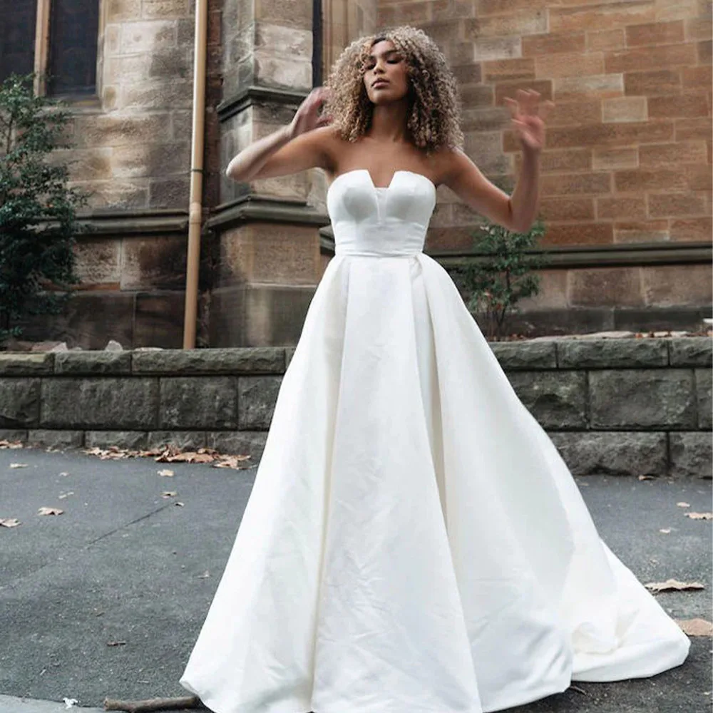 

Elegant V-neck Satin Bridal Grown Wedding Dresses Sweep Train Custom Made 2024 Vestido De Noival