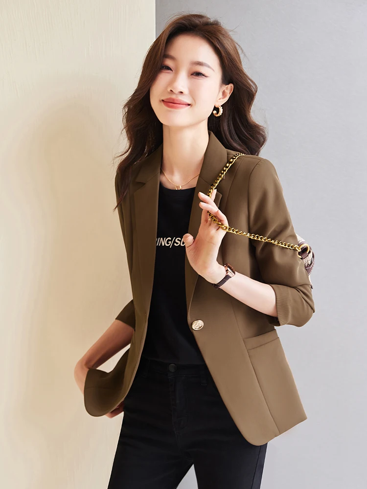 Caramel Short Women's Suit Jacket 2023 Autumn New Style Slimming Personality Pure Color Versatile Long Sleeve Business Casual