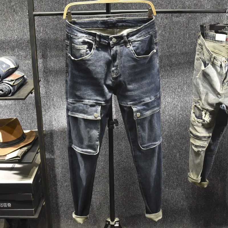 

Faionable Slim Fit Jeans Men's Elastic ket Workwear Pants Trendy Nine Point Crop Pants High Waist Regular Thin