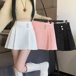Damskie tweedowe spódnice Moda Ołówkowa obcisła spódnica z wysokim stanem Vintage Jesień Zima Szczupła koreańska elegancka krótka mini plisowana spódnica