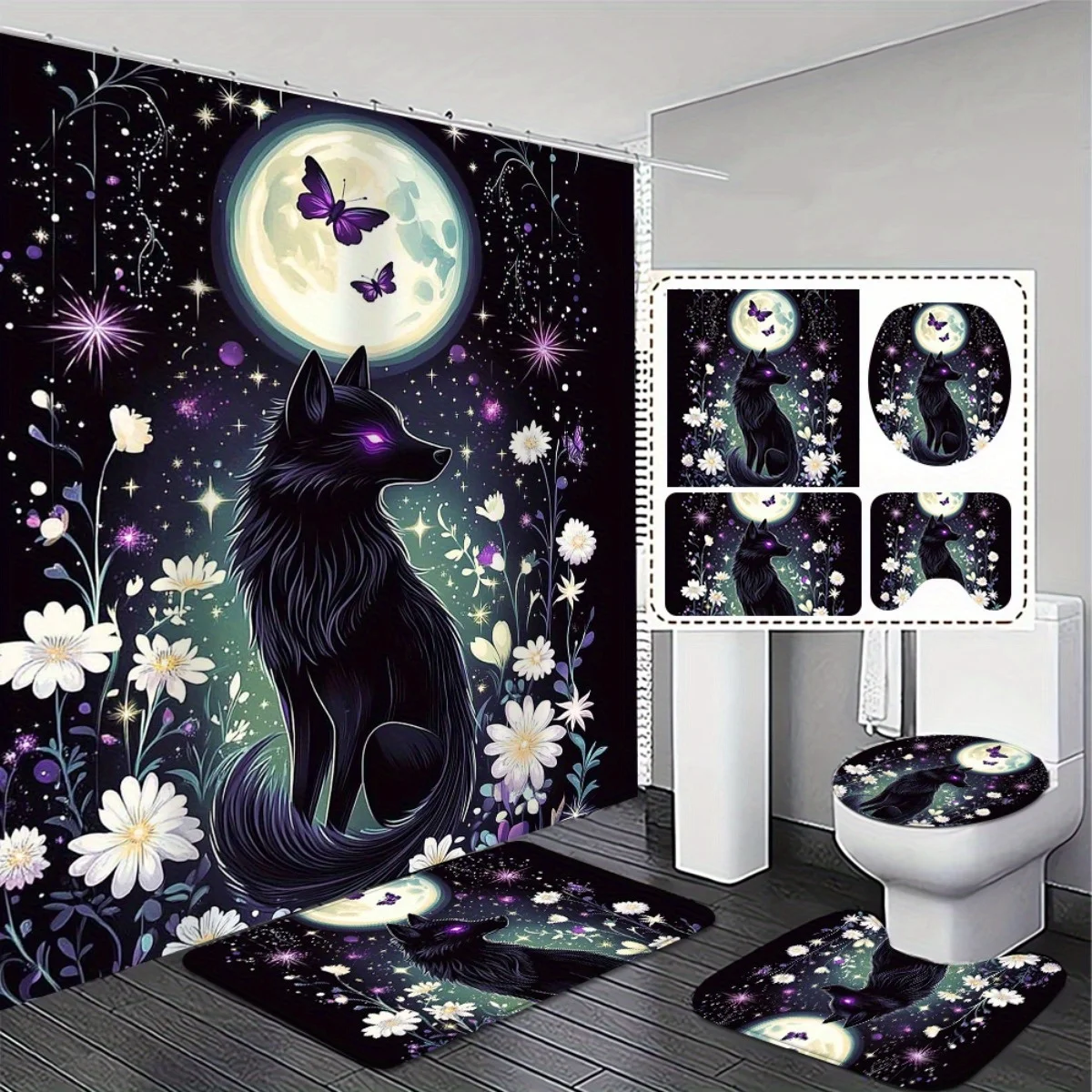 4pcs Magical Luxurious High Quality Shower Curtain with Matching Non-Slip Bath Mat Set - Black Wolf and Moon Design for Bat