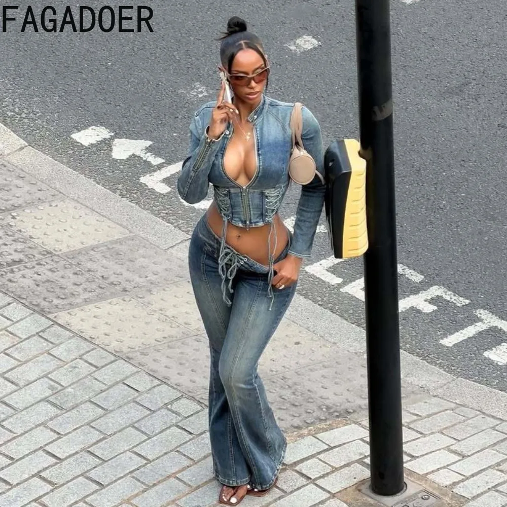 FAGADOER Women Stretch Washed Denim 2 Piece Set Corset Crop Jacket Lace Up Flare Jeans Sexy Bodycon Streetwear Outfit