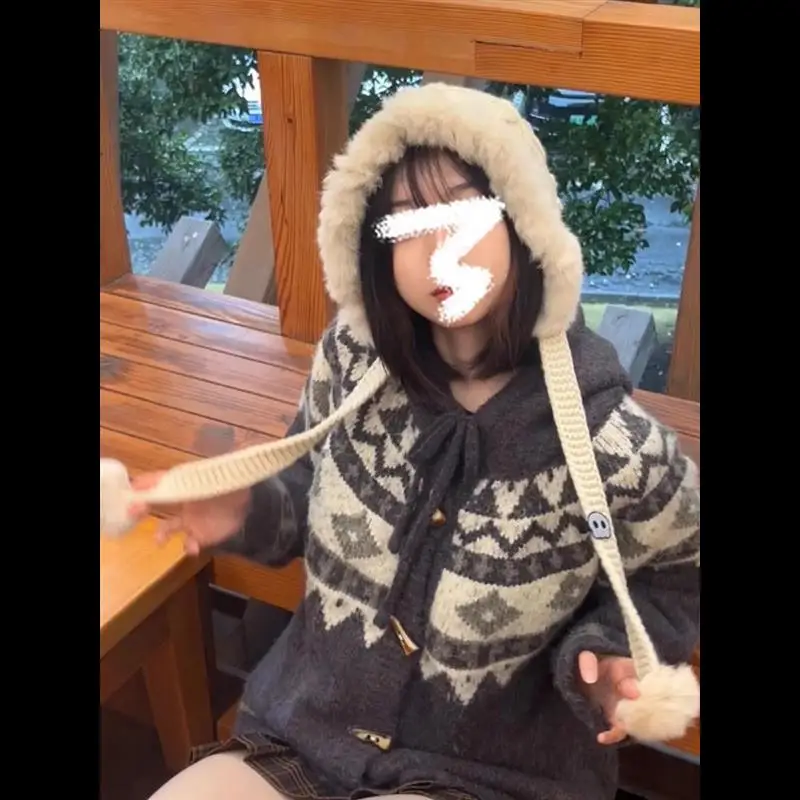 레트로 니트 스웨터 가디건 가을 겨울 신상 슬레 불혼 후드 오픈 프론트 코트 여성용 트리아세테이트 섬유