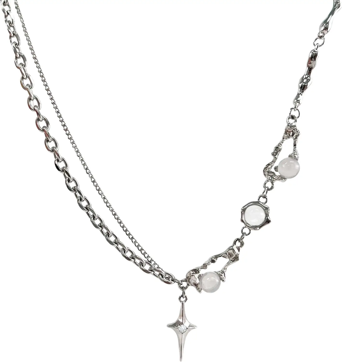 Y2k Unregelmäßige Halskette mit Sternanhänger, Mondstein-Collier-Kette, Würziges Boho-Gothic-Design, Verstellbarer Schmuck, Geschenk für Frauen