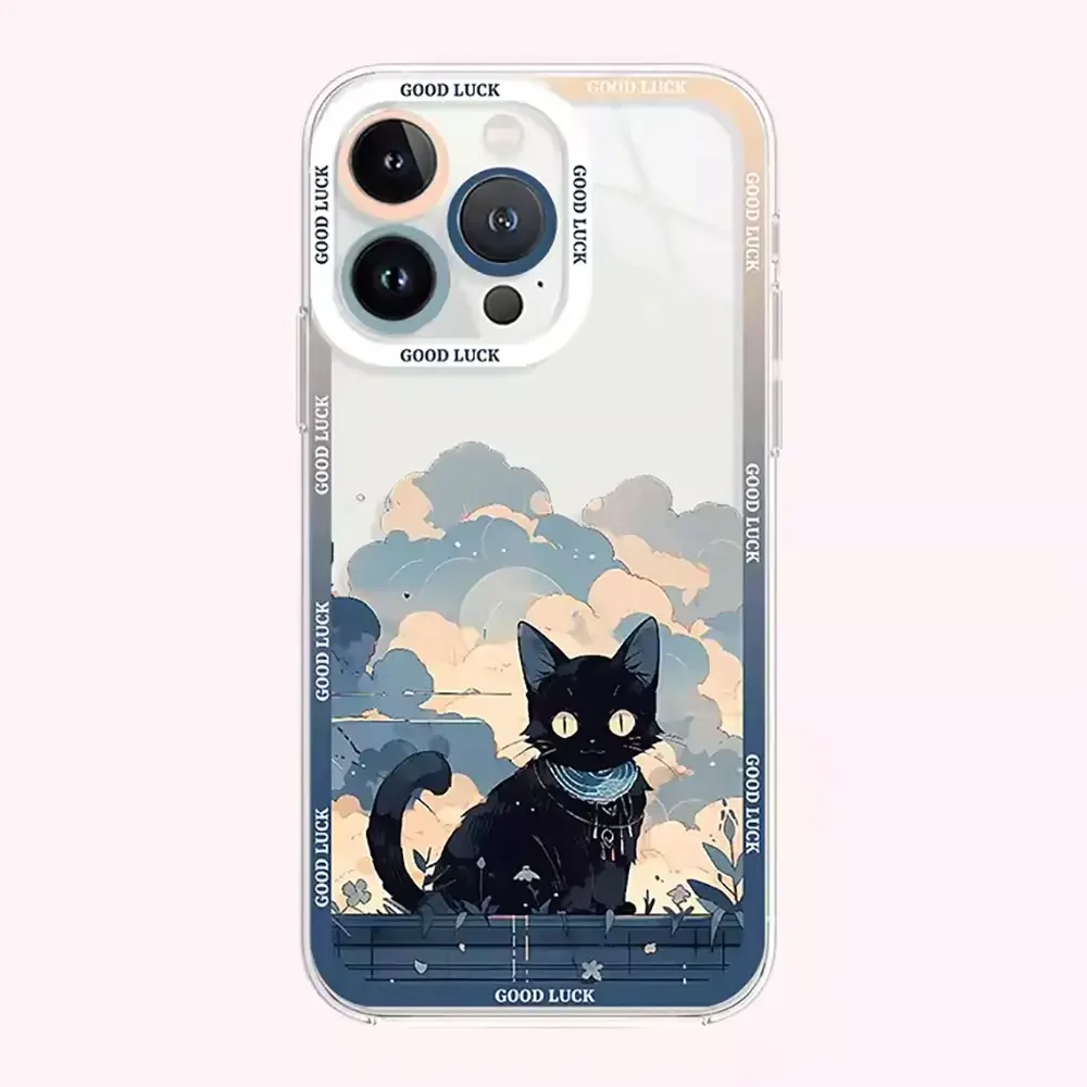 Cute Cartoon Black Cat Art Phone Case for IPhone 16 15 14 13 12 11 Pro Max Mini XS X 7 8Plus Clear Soft Cover Funny Animal Funda