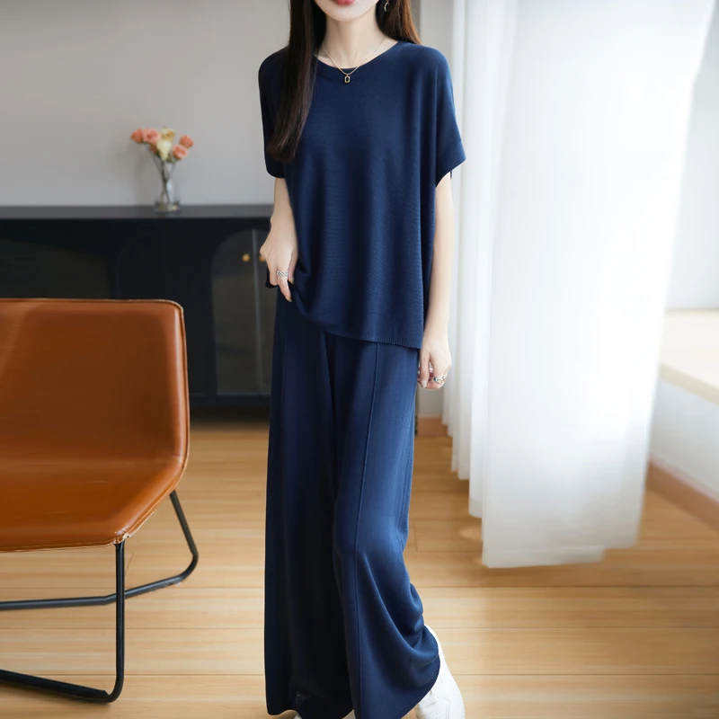 

Пуловер с круглым вырезом и короткими рукавами + широкие брюки со средним швом, женский вязаный шерстяной свитер и брюки из смешанного тенселя, свободный комплект высокого качества