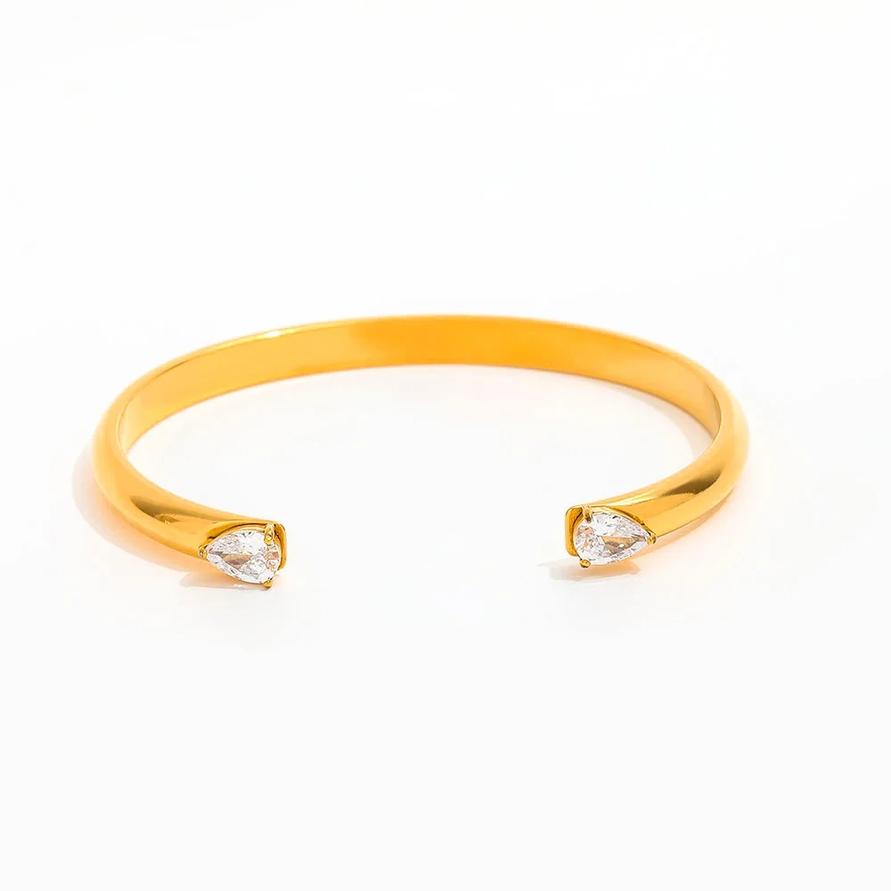 

Joolim Jewelry Wholesale High End PVD Waterproof Fashion Simple Two Teardrop Zirconia Cuff Stainless Steel Bracelet for Women