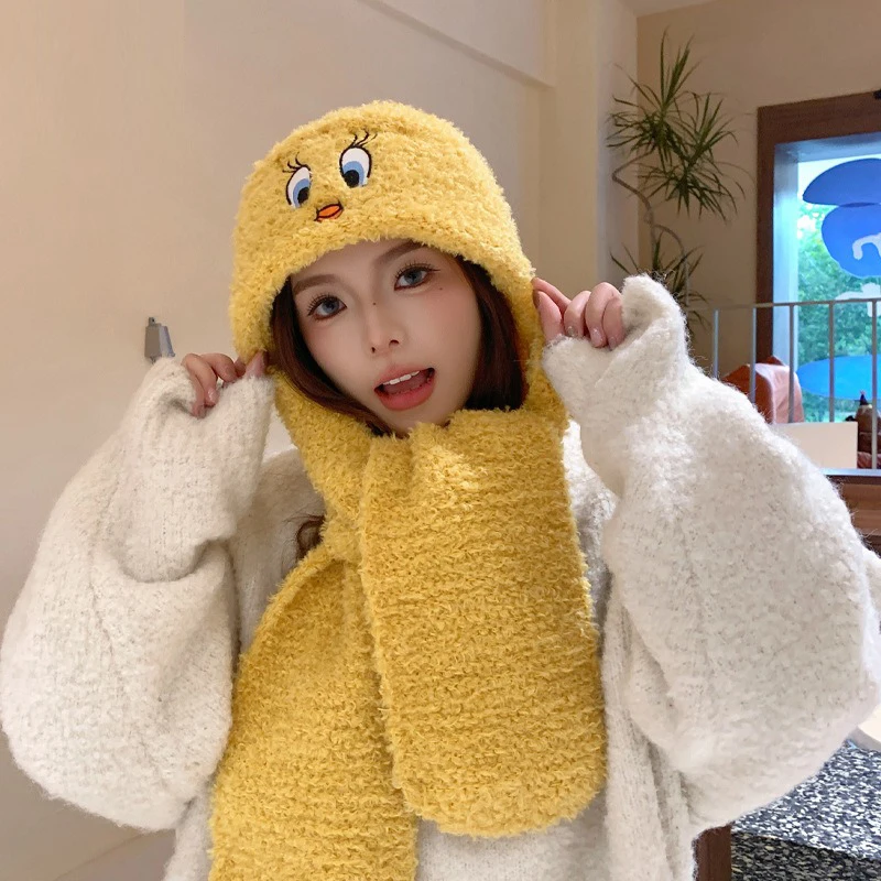 

Winter plush little duck knitted woolen hat with cartoonish cute design including a scarf a warm ear cover headband full hat