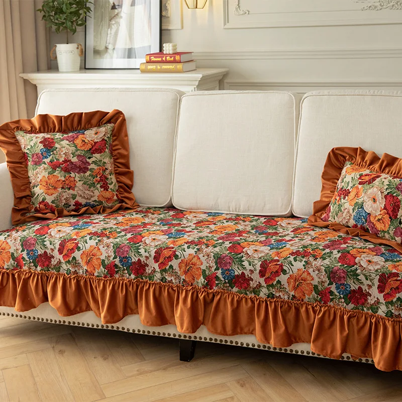 American Sofa Cover Cushion Living Room Sofa Cushion Four Seasons General Non-slip Retro Flower Jacquard Embroidery Sofa Cover