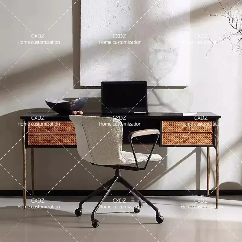 Medieval Oak Desk Rattan Writing Desk Study Custom Furniture Modern Simple Solid Wood Computer Desk
