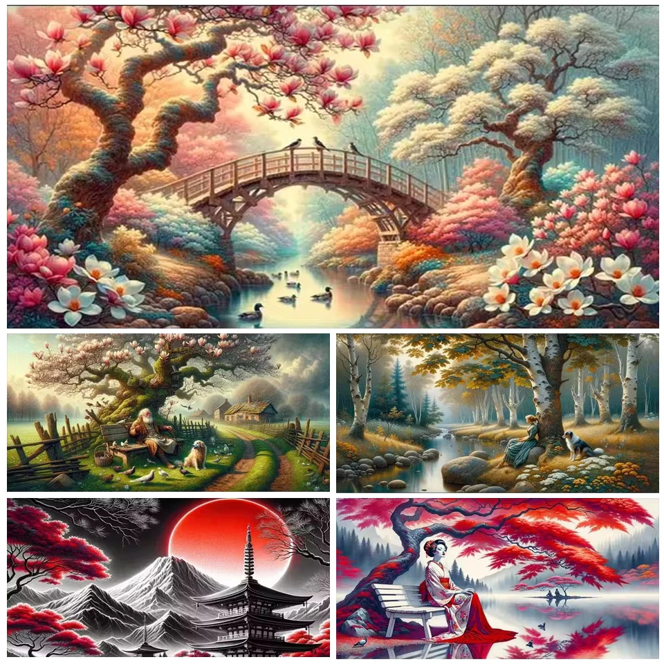 Beautiful Seasons Flower Landscape Diamond Painting Cross Stitich Kit Diy Mystical Cherry Tree Autumn Mosaic Diamond  Embroidery