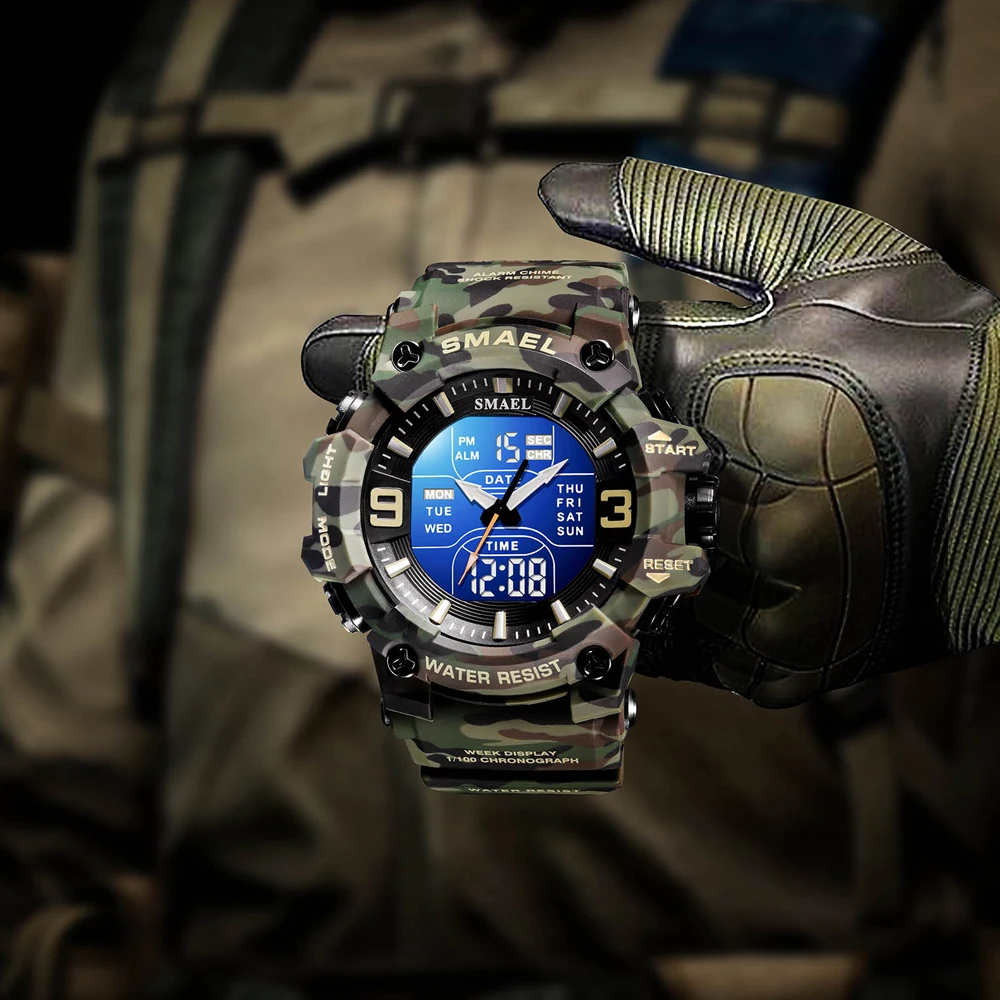 SMAEL Watch for Men Alarm Sport Stopwatch Camouflage Army Military Wristwatch Dual Time Display Digital Quartz Mens Watches 8049