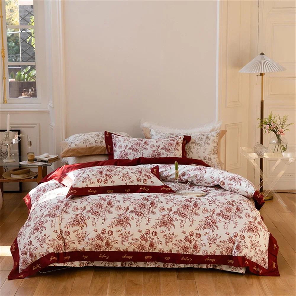 American Printed Romantic Premium Embroidery Wedding Quilt Cover Red Long staple Cotton Four piece Set bed covers full set