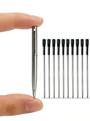 Mini Stainless Steel Metal Ballpoint Pen with 10 Replacement Refills Set, Portable Pocket Ballpen Compact Short Pen for Wallet