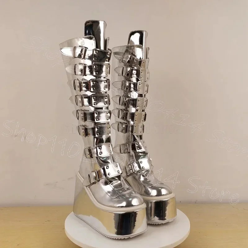

Silver Buckle Round Toe Wedges Heel Platform Boots Back Zipper Women Shoes Fashion Party Banquet Dating 2025 Zapatos Para Mujere