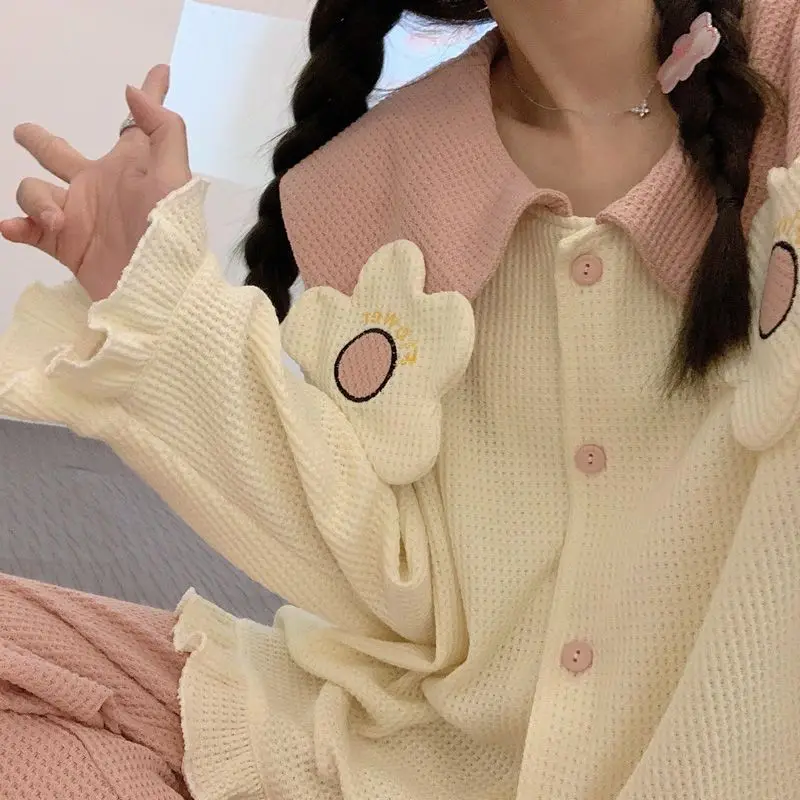 Spring Autumn New Sleepwear Long-Sleeved Knitted Cotton Cute Bear Student Homewear Suit Women Sweet Loose Casual Pajamas Set