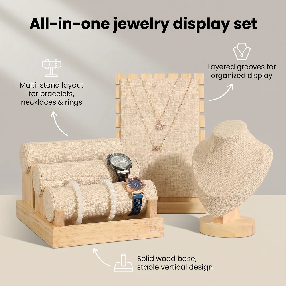 Wood Linen Jewelry Display Stand Set Necklace Bust Earring Holder Bracelet Organizer for Retail Boutique Photography