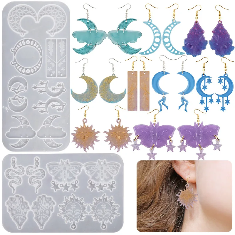 Bohemian Ethnic Style Silicone Mold DIY Epoxy Resin Earrings Hollow-Out Floral/Star/Moon/Teardroop Pendant Jewelry Making Tool