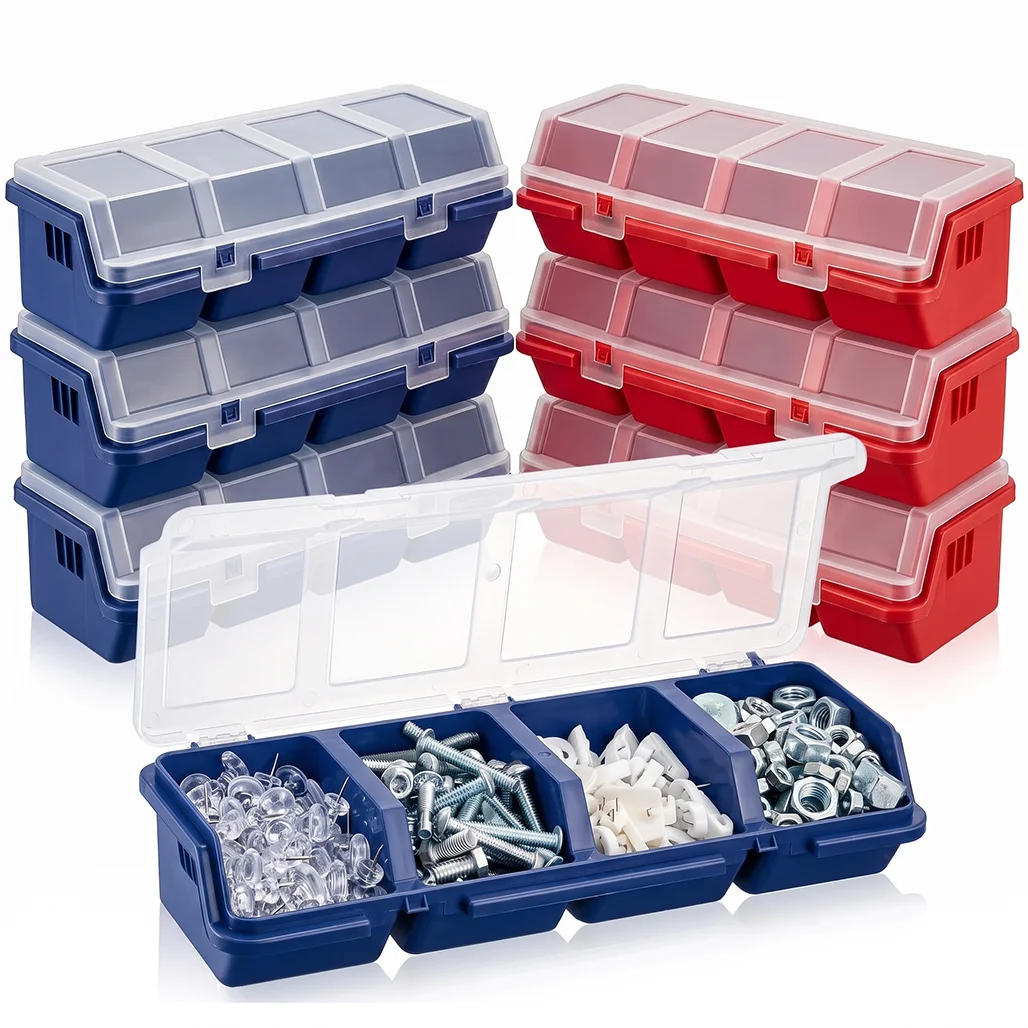 Plastic Screw Organizer Box With Clear Lid 4 Compartments Portable Hardware Parts Storage Bin For Garage Workbench Tools