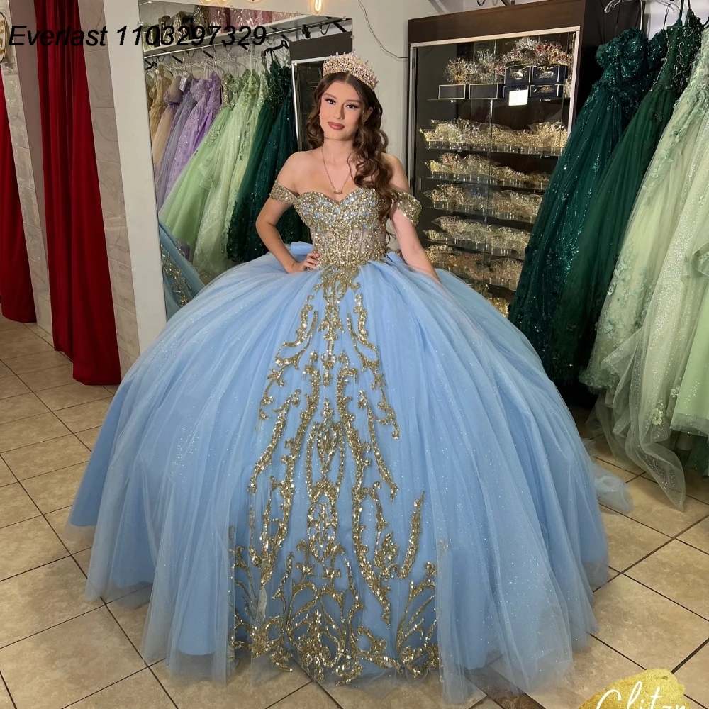 

EVLAST Glitter Sky Blue Quinceanera Dress Ball Gown Gold Applique Beading Bow Mexican Corset Sweet 16 Vestido De 15 Anos TQD968