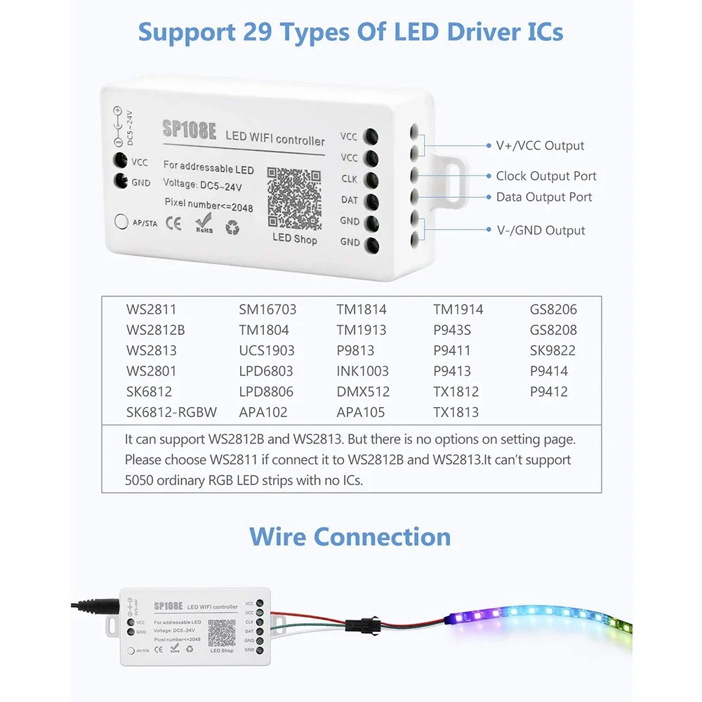 SP108E LED WiFi Controller iOS Android App Wireless Remote Control DC 5V~24V for SK6812 WS2812 WS2813 WS2815  LED Pixels Strip