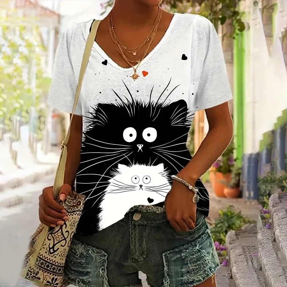 Summer Women V-Neck T-Shirts Tea Cup Cat Print Casual Pullover Loose Short Sleeves Oversized Tee Shirt Female Clothing 2024 S-4x