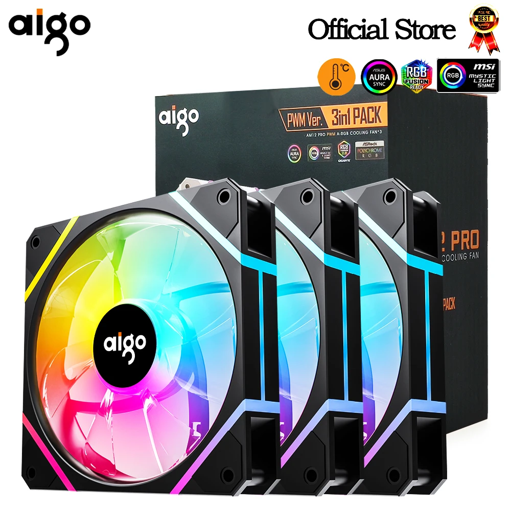 Aigo-am12pro rgb fã kit, 120mm, caixa do computador, refrigerador de água, 4pin, pwm, cpu, 3pin5v argb, 12cm