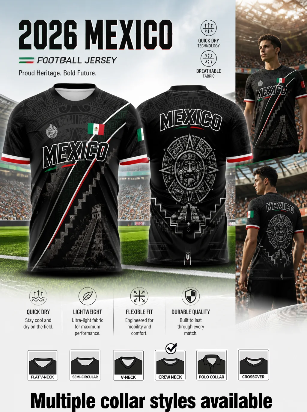 Mexico themed football jersey,black subtle tribal print,diagonal pyramid design,moisture‑wicking fabric,athletic fit