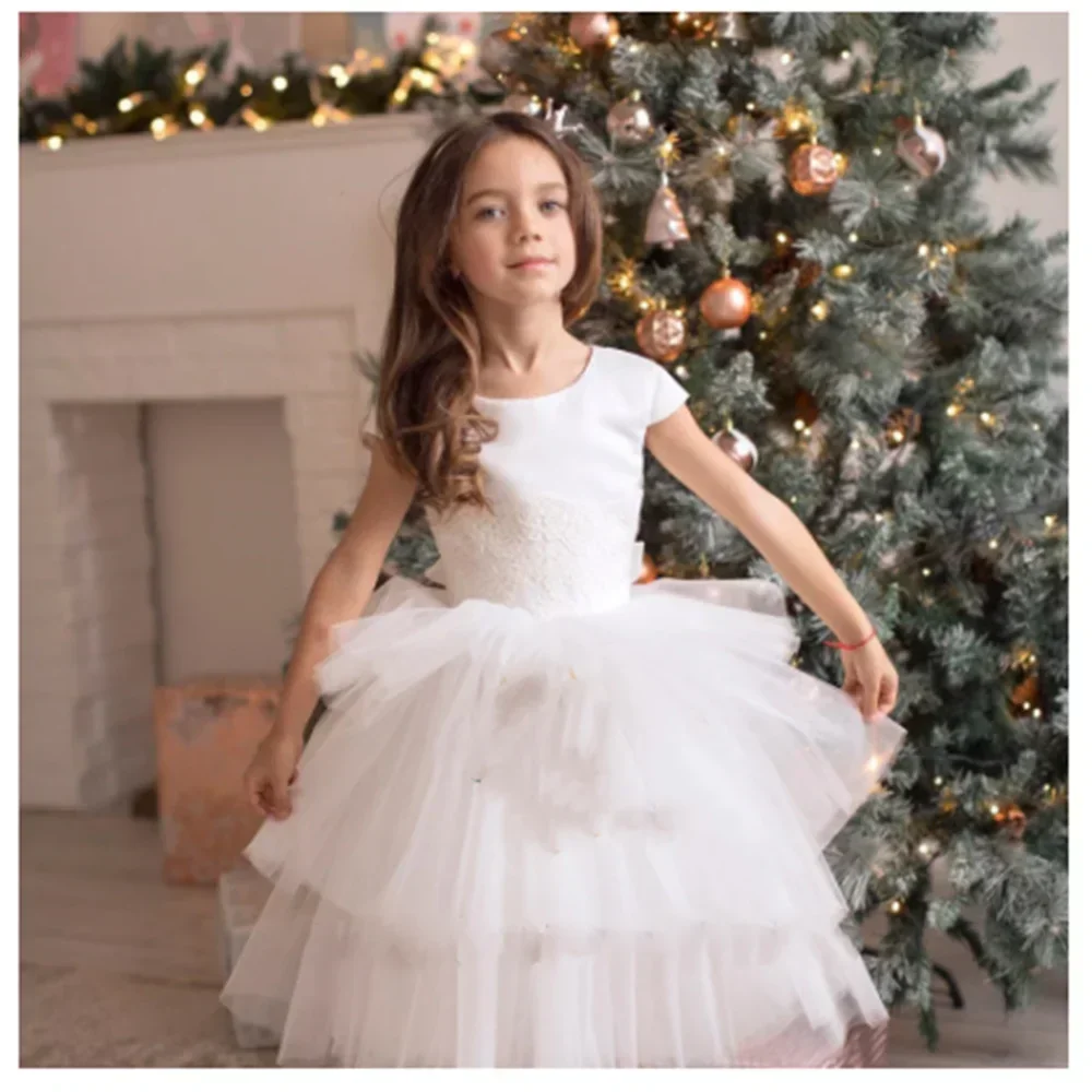 

Flower Girl Dress Scoop Short Sleeves Delamination Princess Baby Girl Wedding Princess Birthday Party First Communion Gown