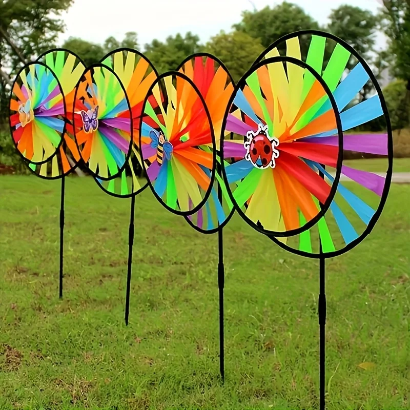 2 Pack Double-Layer Rainbow Windmills with Black Poles and Insect Stickers,Wind Spinners for Garden and Patio Decoration.