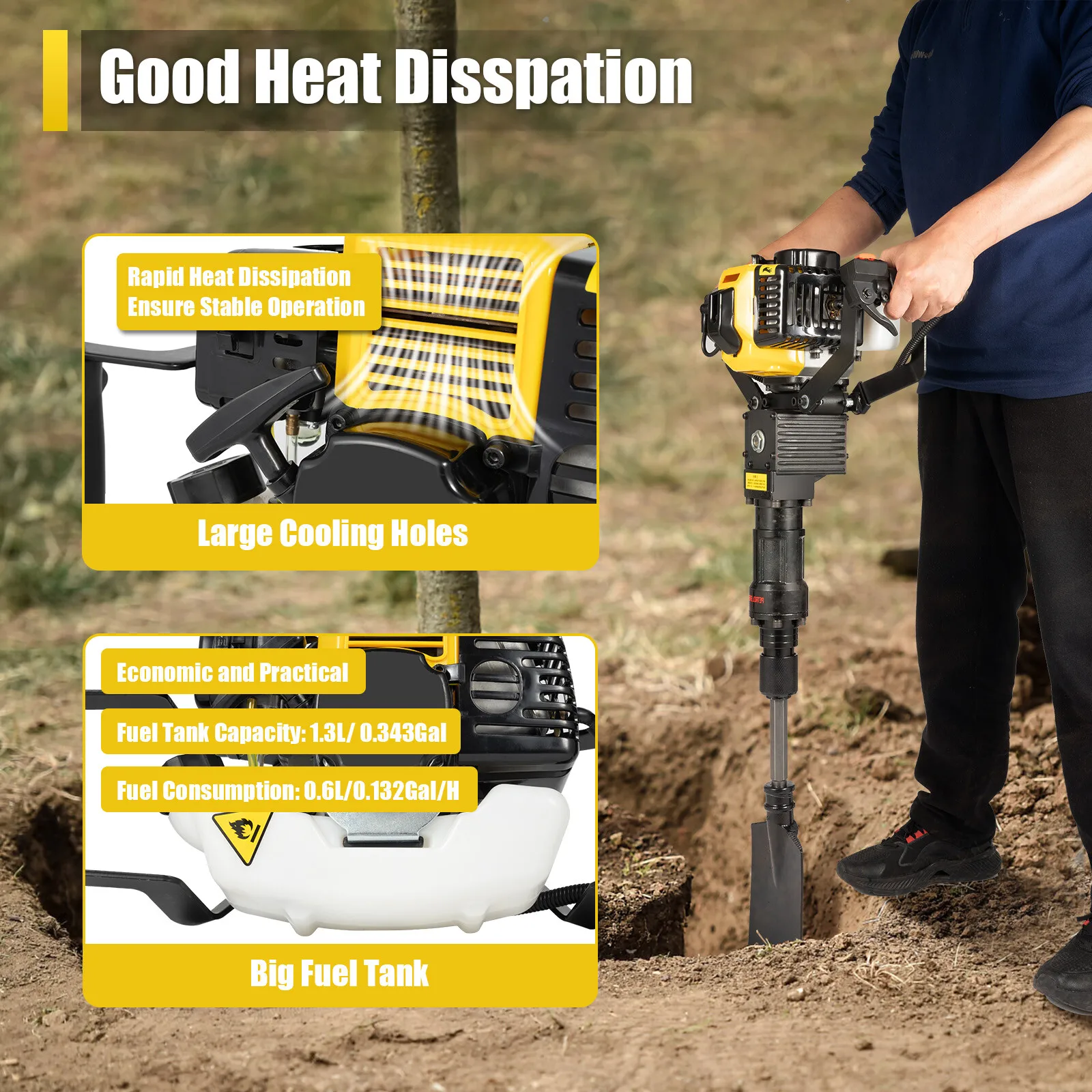 

2-Stroke Gas-Powered Tree Pit Digger 33CC: Excavator Shovel Drill Machine 6500 RPM