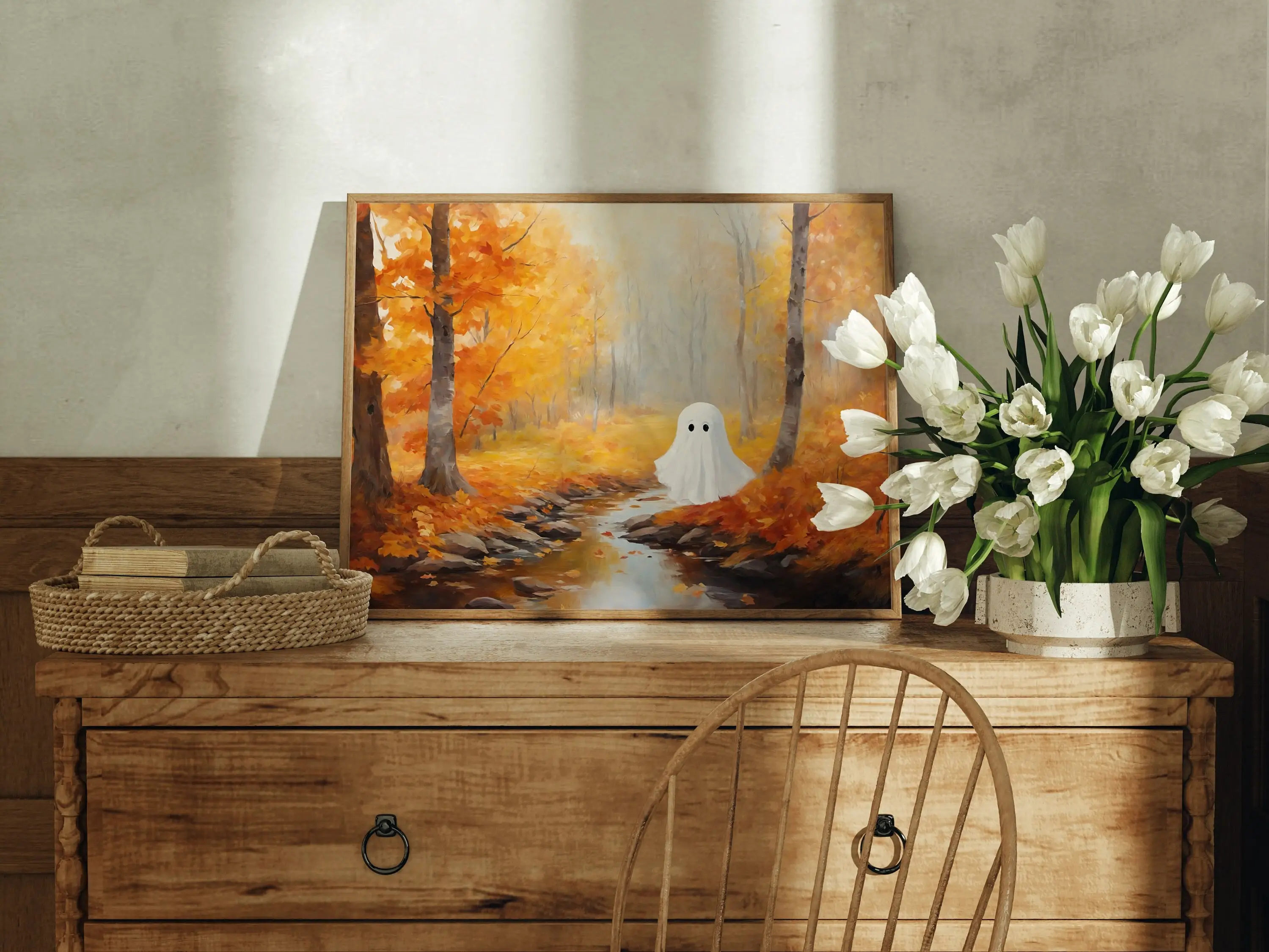 Cute Ghost Fall Decor Halloween Prints Poster Rustic Autumn Landscape Canvas Wall Art Vintage Halloween Poster for Bedroom Decor